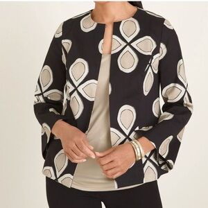 Chico’s Black Beige Floral Jacket Size 3 Open Front Lightweight Blazer